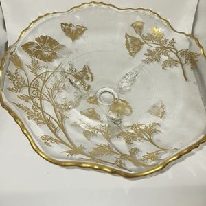 Vintage NEW MARTINSVILLE CITY GLASS Footed Bowl w/Gold Flower Overlay